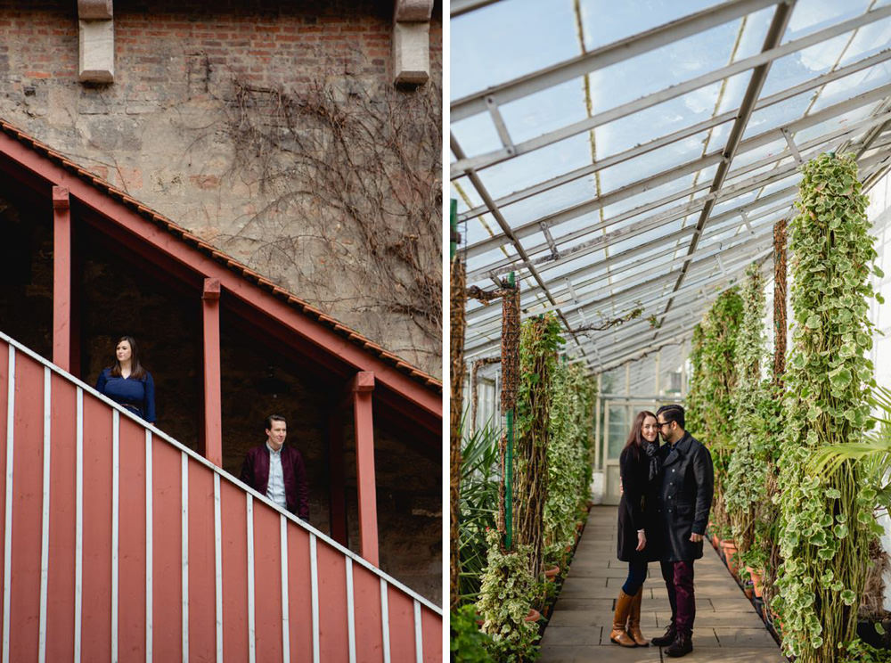 creative portraits of couple in greenhouse and on modern stairs