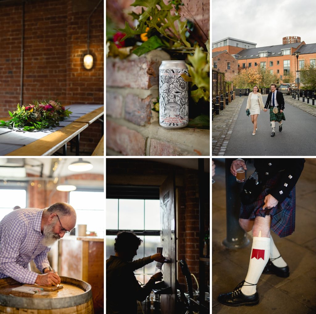 northern monk wedding photography details custom can, flowers, and Scottish kilts