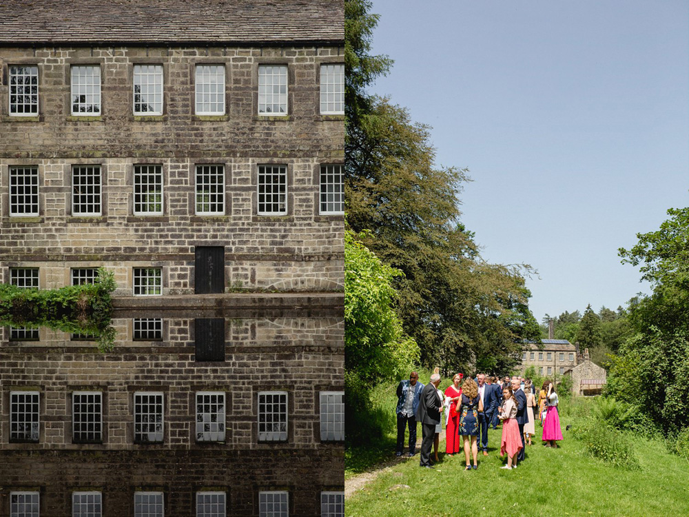 Gibson Mill wedding venue at Hardcastle crags and guests on the lawn