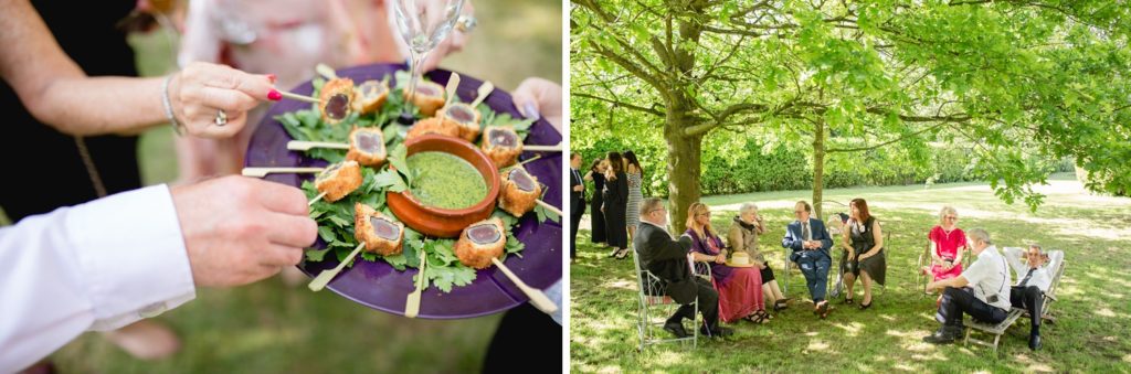 wedding guests relaxing in garden in kent and canapés being served