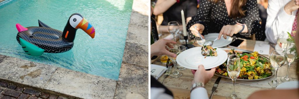 fun wedding details the swimming pool and food being served