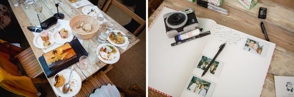 fun documentary wedding photos of left over food and instax camera book