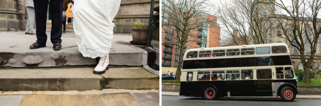 cool bride in white doc martins and vintage bus