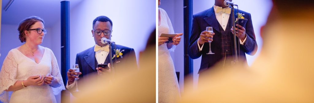 cool and modern bride and groom reading their speech at the tetley in leeds city centre