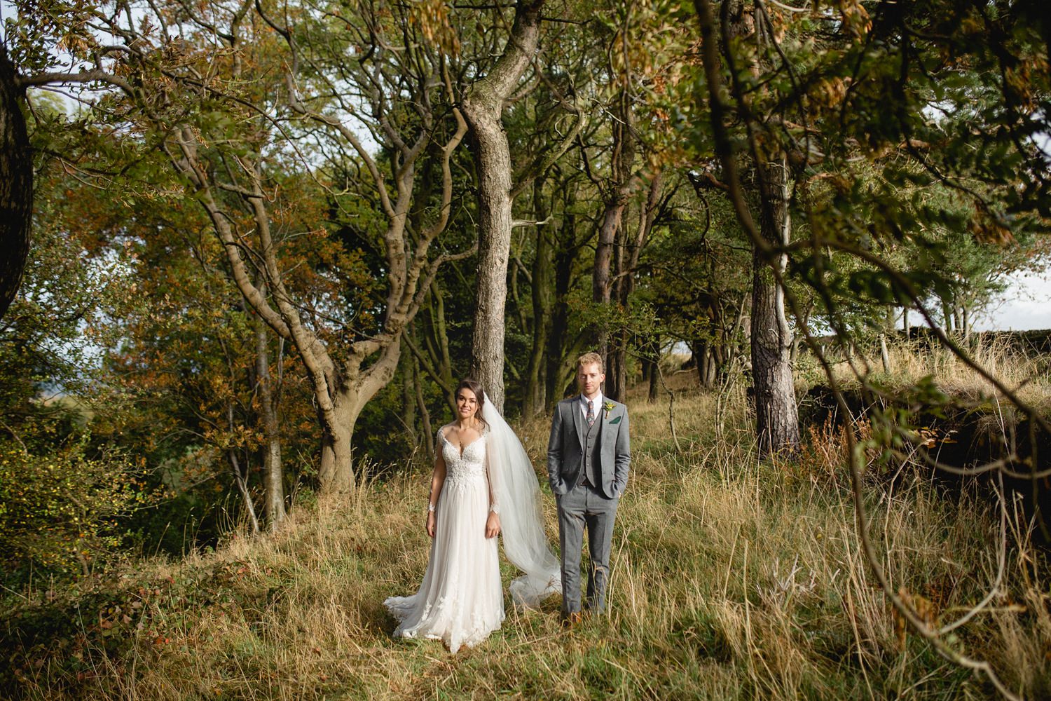 Portrait of bride and groom in sheffield countryside after town hall wedding